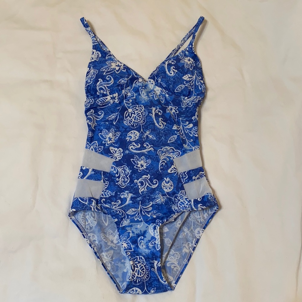 Bawdy Blue Tropical One Piece Swimsuit, XS